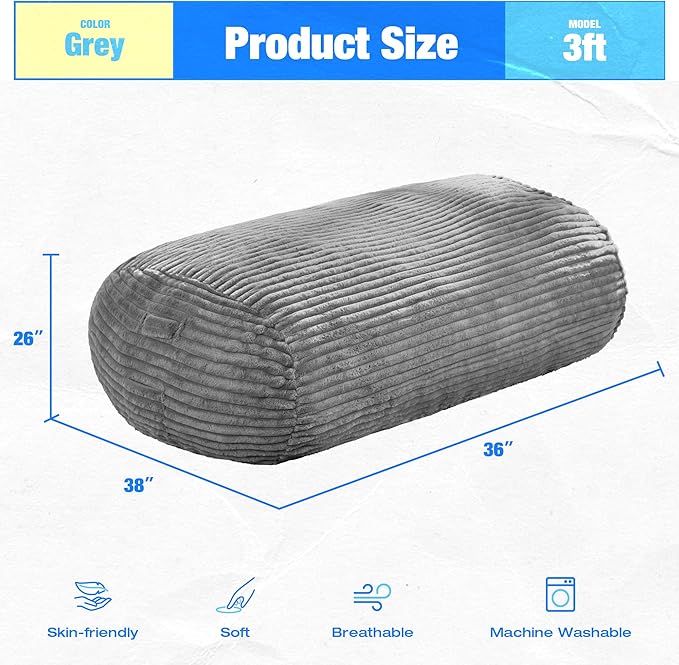 Hobestluk 3FT Bean Bag Chairs Adult Bean Bag with Portable Handle Comfy Large Bean Bag Chair with Removable Cover for Living Room Bedroom or Reading Nook (Stripe Grey, 3FT)