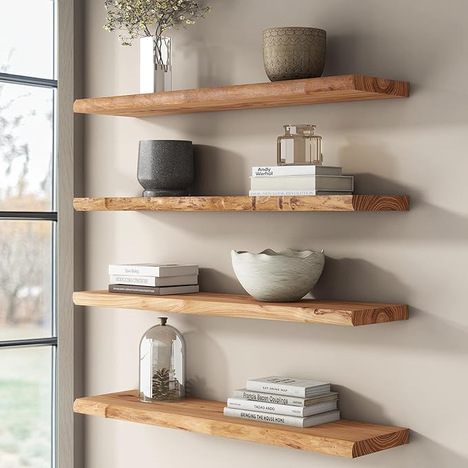Rustic Elm Wood Floating Shelves for Wall, Live Edge 24"W x 9.2"D x 1.4"H, Set of 2 with Invisible Bracket, Wall Mounted Storage Shelves for Living Room Bedroom Kitchen Bathroom Decor, Natural Finish