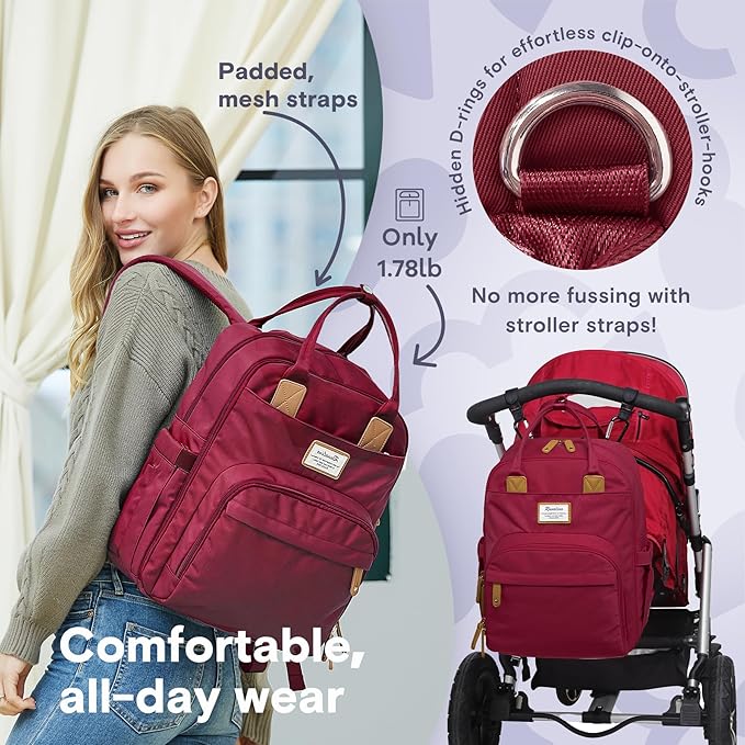 RUVALINO Diaper Bag Backpack, Multifunction Travel Pack Maternity Baby Changing Bags, Large Capacity, Waterproof, Purplish Red