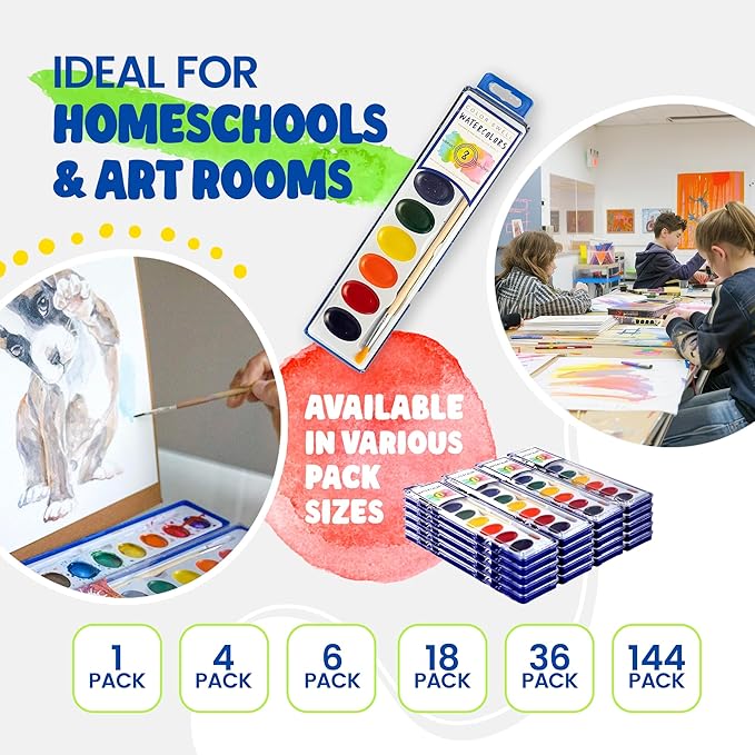 Color Swell Bulk Watercolors Paint Pack with Wood Brushes - 36 Sets with 8 Washable Colors Each - Perfect for Kids, Classrooms, Parties, Students, Donations, Party Favors, All Ages