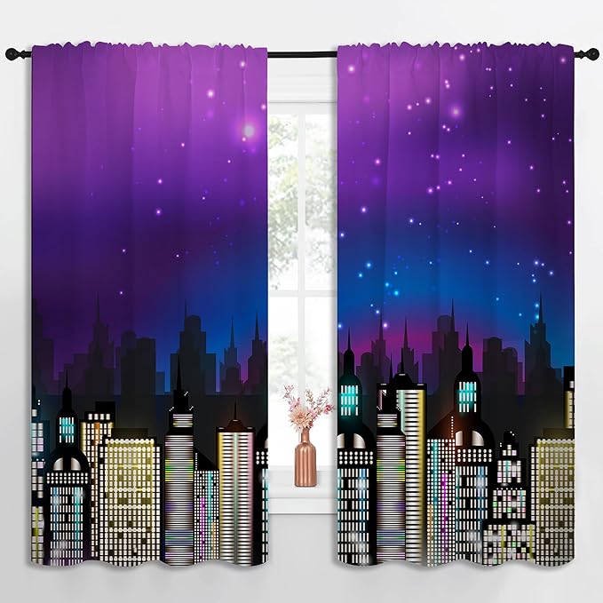 Superhero Rod Pocket Blackout Curtains for Boy Girl Bedroom, Super City Skyline Buildings Night Panorama Home Energy Efficient Light Filtering Window Curtain for Living Room, 63x63 inch