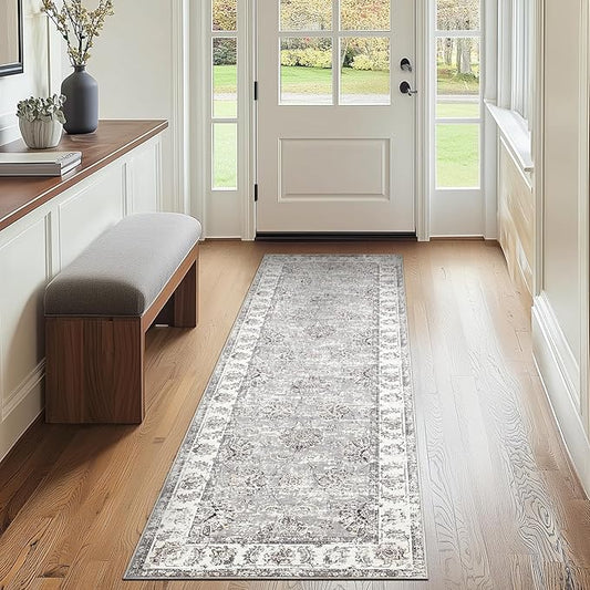 jinchan Runner Rug 2x5 Machine Washable Hallway Rug Grey Vintage Floral Print Non-Slip Low Pile Ultra-Thin for Kitchen,Entryway,Laundry Room,Bedroom,Farmhouse (2‘x5’,Grey)