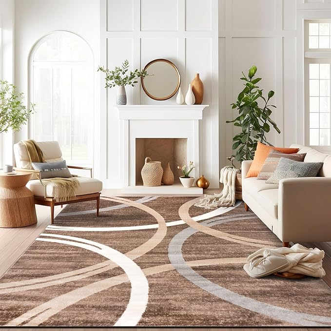 Rugshop Modern Wavy Circles Design Area Rug 8'8" x 12' Brown