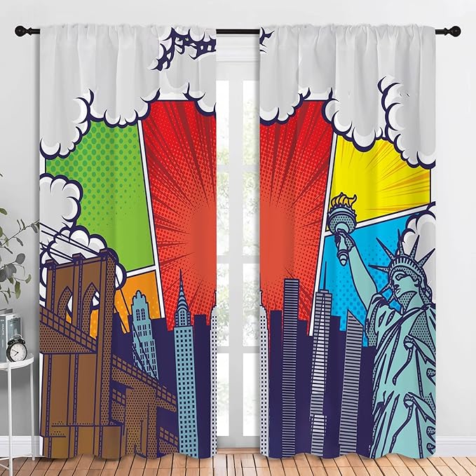 City Rod Pocket Blackout Curtains for Boy Girl Bedroom, Pop Art Style New York Cityscape Thermal Insulated Home Window Drapes for Living Room Darkening, 84x72 inch