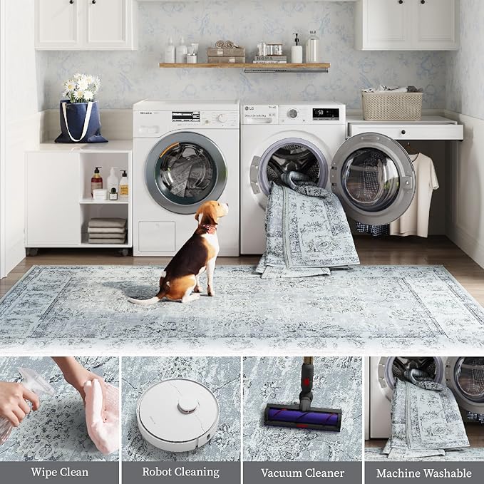 jinchan Hallway Runner Rug 3x8 Washable Runner - Vintage Floral Non Slip Low-Pile Soft Thin Faux Wool Kitchen Rug Distressed Carpet for Farmhouse Bedroom Laundry Room(3x8ft,Grey)