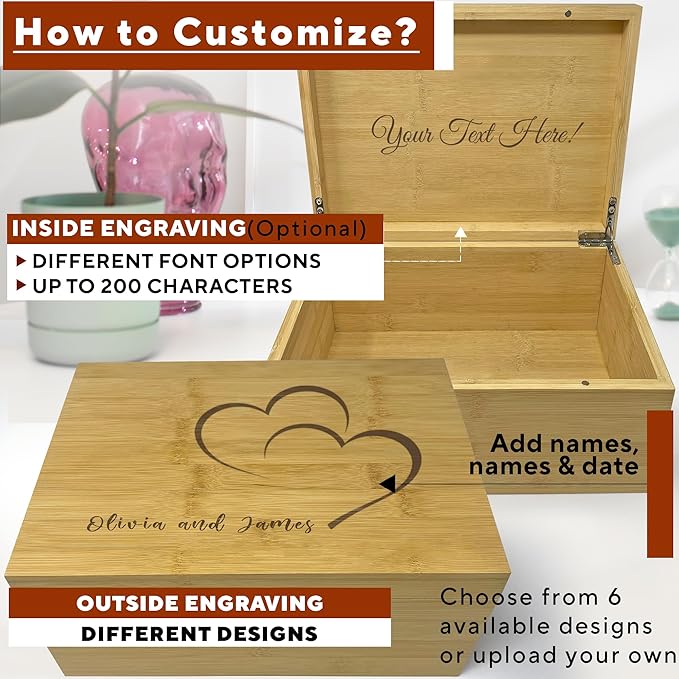 Personalized Love Box for Memories - Engraved Keepsake Box w/ Couples Names, Anniversary Wedding Gift for Couple, Bamboo Wood Decorative Chest, Custom Memory Storage, Hidden Message, 11 x 8 x 4.75 in