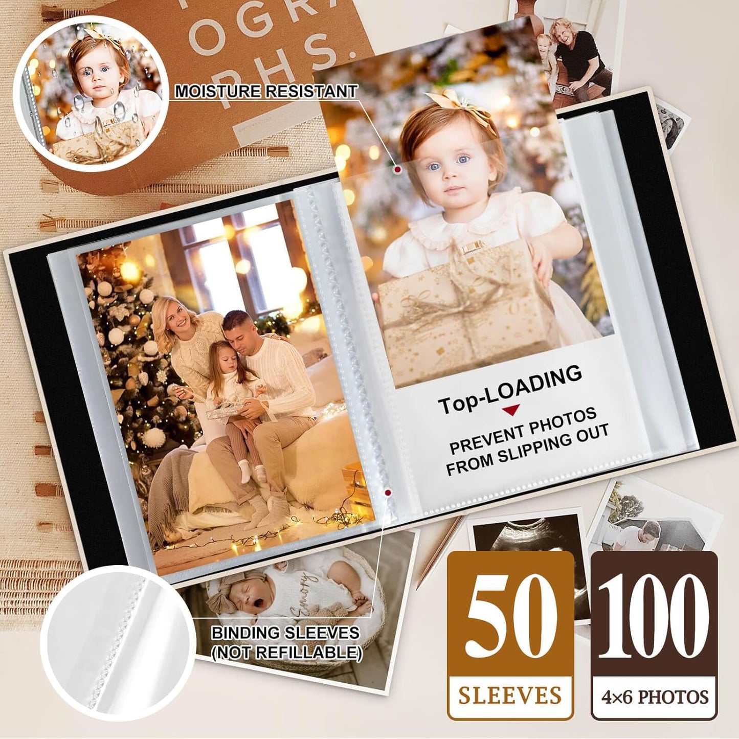 Lanpn Baby Photo Album 4x6 100 Pockets 2 Packs, Mini Linen DIY Window Photo Book Newborn Bebe Album Memory Book Sets, Holds 100 Top Loader Vertical Pictures Gift for Kids Boy Girl Baby Shower, Blue