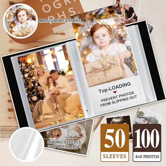 Lanpn Baby Photo Album 4x6 100 Pockets 2 Packs, Mini Linen DIY Window Photo Book Newborn Bebe Album Memory Book Sets, Holds 100 Top Loader Vertical Pictures Gift for Kids Boy Girl Baby Shower, Blue