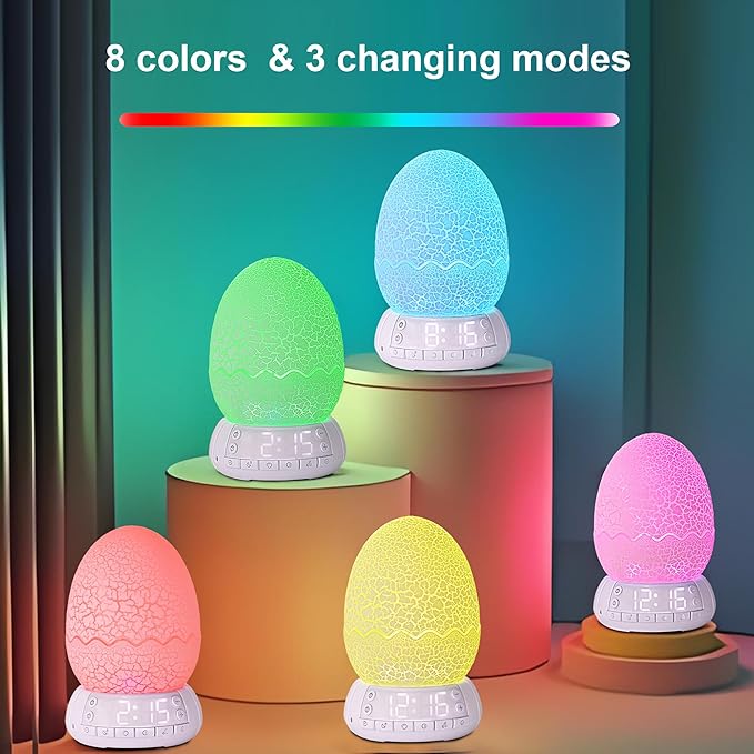 Dinosaur Egg Shape Touch Control Night Light with Pattern Inside, Digital Alarm Clock with Wake Up Light, 20 Soothing Sleep Training Sound and Bluetooth Speaker Box (2025 Style)