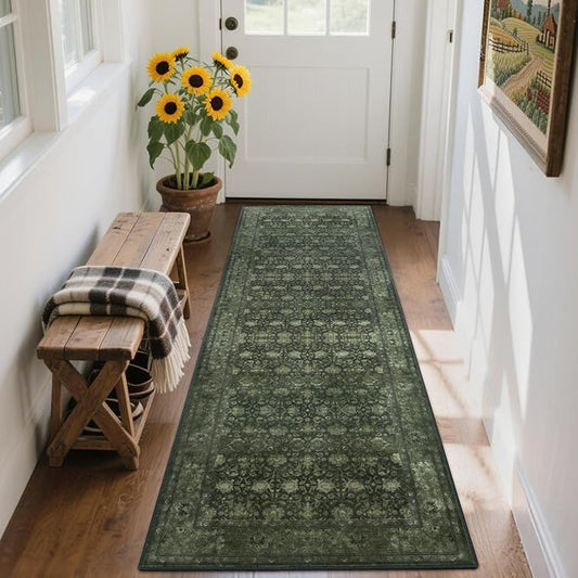 2'6x8' Washable Runner Rug for Hallway, Non Slip Vintage Floral Long Carpet Runners for Entryway, Kitchen, Bathroom, Bedroom, Low Pile Laundry Rugs Rubber Backing (Distressed Green)