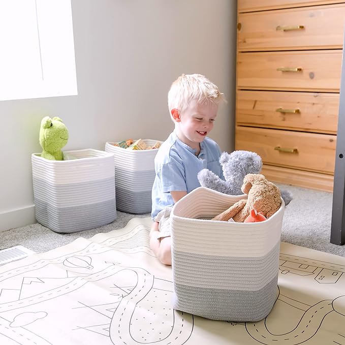 NaturalCozy Storage Cubes 11 Inch Cotton Rope Woven Baskets for Organizing, 3-Pack | Cube Storage Bin | Square Storage Baskets for Shelves Organizer, Classroom, Kids Toy Bins, Closet, Baby Nursery
