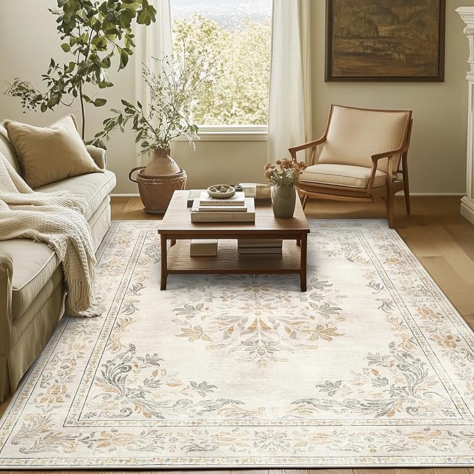 jinchan Vintage Floral 5x7 Area Rugs - Machine Washable Distressed Design Soft Ultra-Thin Low-Pile Non-Slip Carpet for Kitchen Bedroom Nursery Living Room Dining Room Home Office (5x7ft,Light Grey)