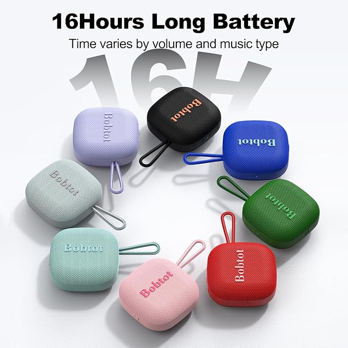 Bobtot Portable Wireless Bluetooth Speakers - IPX7 Waterproof Small Shower Speaker with 16 Hours Playtime, Loud Stereo Sound, Built-in Mic, TWS, Mini Size with Carry Lanyard for Outdoor, Blue