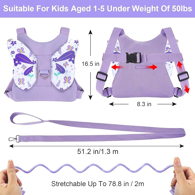 Accmor Toddler Harness Leash, 3 in 1 Cute Butterfly Kids Leash + Anti Lost Wrist Link for Outdoor Travel, Adorable Child Walking Harness Wristband Assistant Mini Strap Belt Protector for Baby Girls