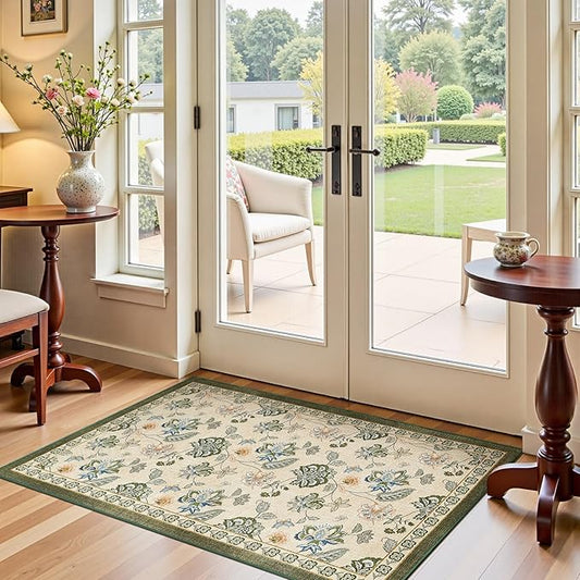 jinchan 3x5 Floral Rug for Entryway Washable Kitchen Rug Vintage Romance Design Small Mat Non Slip Indoor Doormat Lightweight Low-Profile Throw Carpet for Entrance Bathroom Laundry Room, Green/Beige
