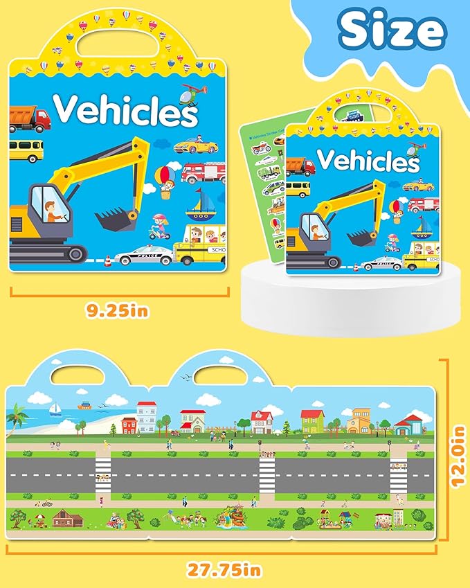 Benresive Reusable Sticker Book for Toddlers 2-4 Years, Fun Travel Stickers for Kids, Waterproof Sticker Books for Toddlers 1-3, Crafts Activities for Todddlers 1-3 2-4 3-5 - Vehicle