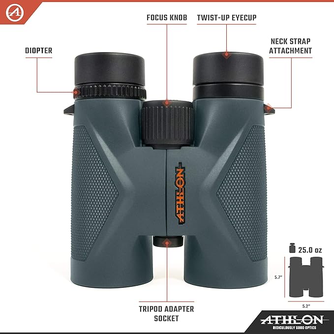 Athlon Optics 10x42 Midas UHD Gray Binoculars with Eye Relief for Adults and Kids, High-Powered Binoculars for Hunting, Birdwatching, and More