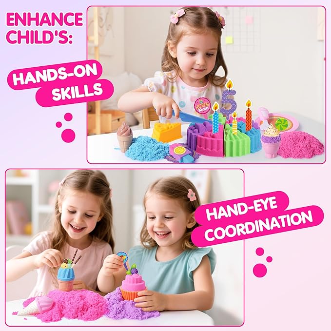 Cake & Ice Cream Sensory Bin Sand Toy, Sand Kit Sensory Toys w/lid and 4 Color Magic Sand 2.2lbs, Molds, Tools Set 43pcs Total for Toddlers, Fun Gift for Kids 3+
