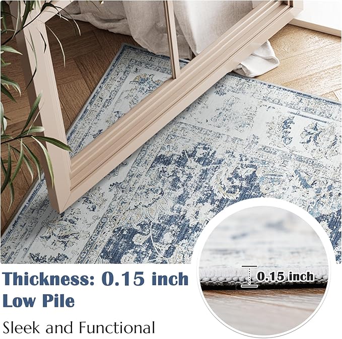 jinchan 9x12 Area Rugs for Living Room - Machine Washable Vintage Floral Distressed Design Stain Resistant Carpet Low Pile Non-Slip Large Rug for Bedroom Dining Room Home Office (9‘x12',Dark Blue)