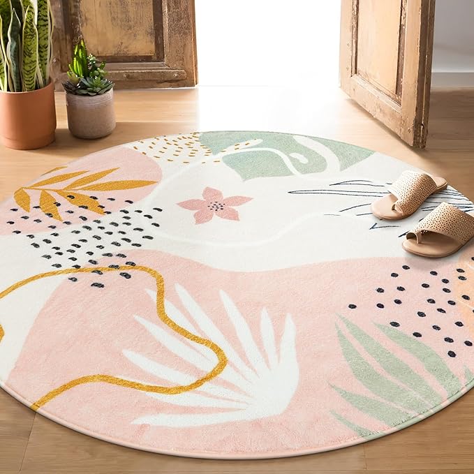 Lahome Pink Round Rugs 8Ft - Washable Boho Area Rug for Living Room Non-Slip Soft Ultra-Thin Large Round Rug Dining Room Rug, Botanical Print Floor Round Carpet for Bedroom Office Dorm (Pink, 8'x8')