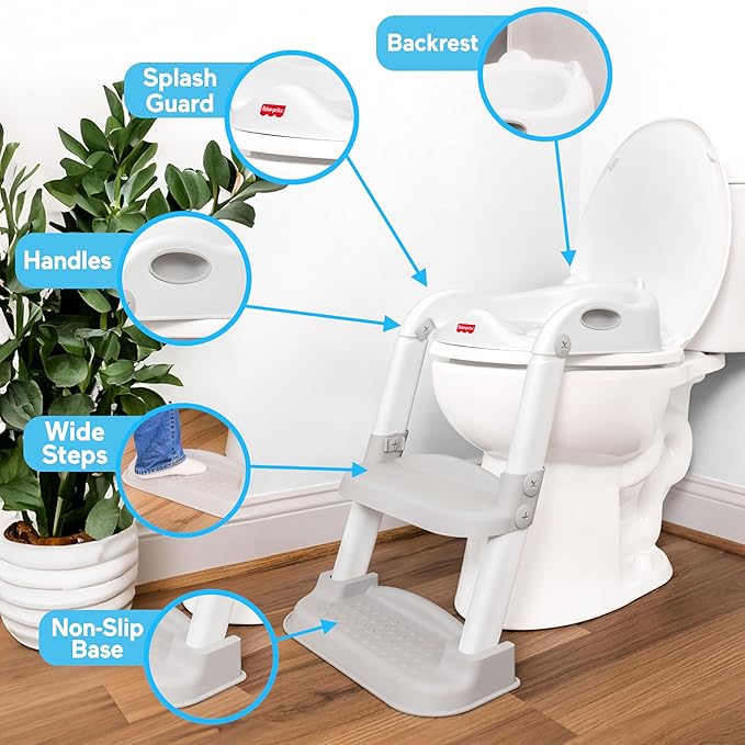 Fisher-Price™ Potty Training Seat with Step Stool Ladder, 2-in-1 Potty Training Toilet for Toddlers with Splash Guard, Anti-Slip Pads, Cushioned Seat (Gray)