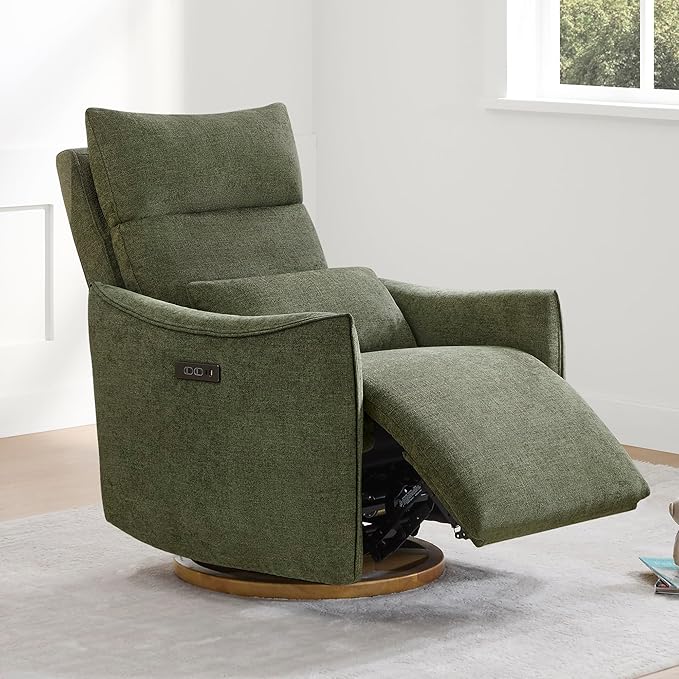 CHITA Swivel Rocker Recliner Chair, Power Nursery Glider Recliner, Nursery Rocking Chair with Adjustable Power Headrest, FSC Certified, Solid Wood Base, Moss Green