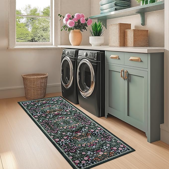 Runner Rug for Entryway: 2.6x8 Kitchen Rugs Non Slip Washable Ultra-Thin Soft Floral Carpet Indoor Floor Stain Resistant Carpets for Hallway Bedroom Kitchen Laundry Bathroom Dorm Dark Green