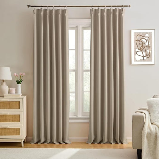 KEQIAOSUOCAI Pinch Pleated Window Curtain Panels 84 Inches Long Light Blocking Solid Ceiling Floor Pleated Curtains Hooks Track Privacy Memory Shape Drape for Living Room,Khaki,40x84, Set of 2