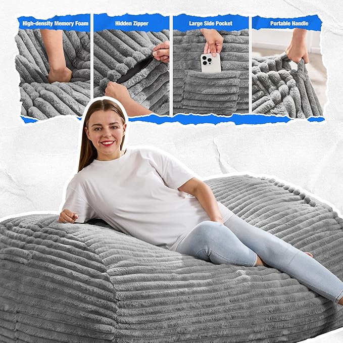 Hobestluk 4FT Bean Bag Chairs Adult Bean Bag with Portable Handle Comfy Large Bean Bag Chair with Removable Cover for Living Room Bedroom or Reading Nook (Stripe Grey, 4FT)