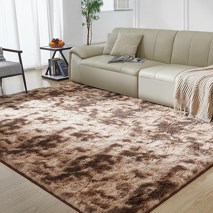 Ultra Soft Rug for Living Room, 5X8 Fluffy Shag Area Rug for Bedroom, Modern Shaggy Carpet Fuzzy Rug for Teens Dorm Nursery Home Decor Aesthetic, Upgrade Anti-Skid Durable, Tie-Dyed Coffee