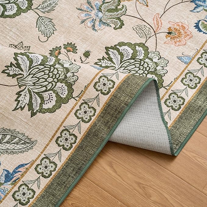 jinchan 3x5 Floral Rug for Entryway Washable Kitchen Rug Vintage Romance Design Small Mat Non Slip Indoor Doormat Lightweight Low-Profile Throw Carpet for Entrance Bathroom Laundry Room, Green/Beige