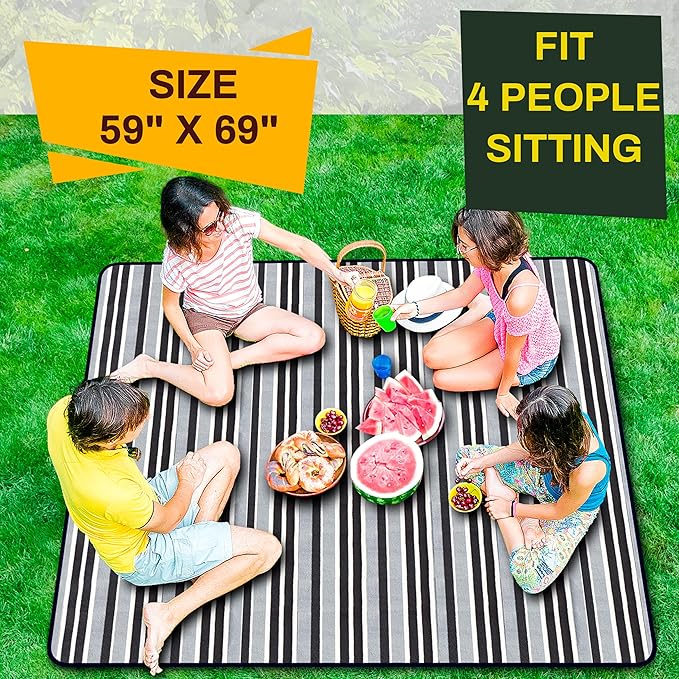 PortableAnd Extra Large Picnic & Outdoor Blanket 3 Layers for Water-Resistant Handy Mat Tote Spring Summer Black and White Striped Great for The Beach,Camping on Grass Waterproof Sandproof