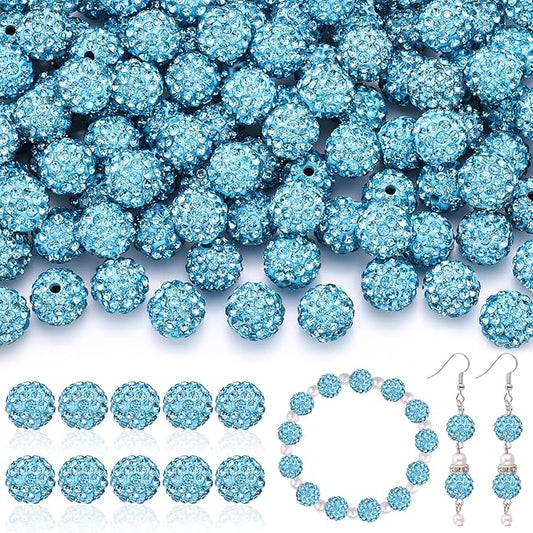 105pcs 10mm Rhinestone Beads for Jewelry Making, Aquamarine Shiny Round Disco Ball Beads Bulk, Sparkle Crystal Clay Christmas for Bracelet Baseball Necklace Earring Crafting and DIY