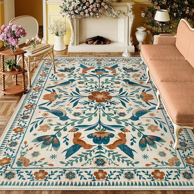 Moynesa Boho Bird Area Rugs 8x10 Rugs for Living Room, Low-Pile Soft Jungle Floral Bedroom Rug Washable Rugs 8x10, Beige Rug Indoor Floor Carpet for Nursery Playroom Dining Room