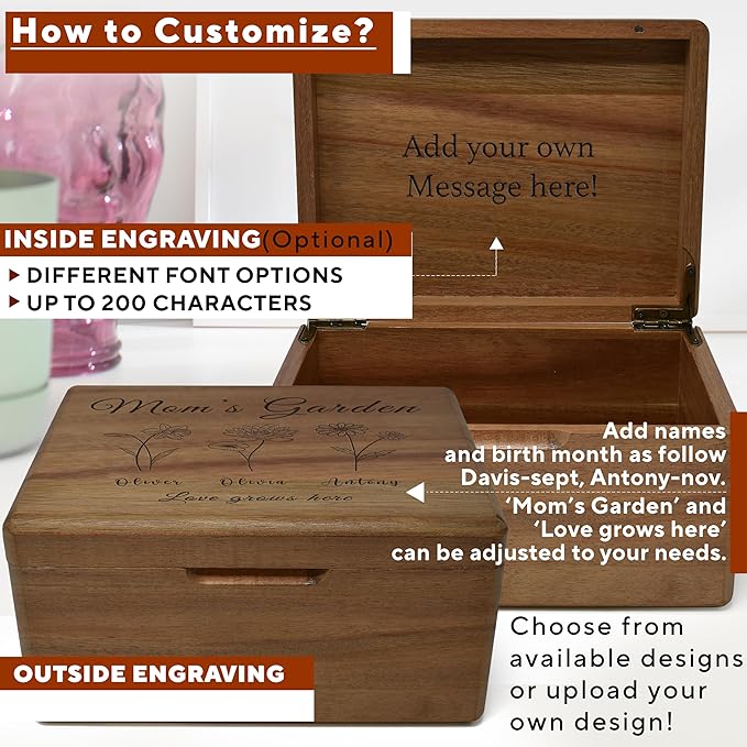 Mother's Garden for Mama - Personalized Gift for Mom, Custom Granny's Garden Gifts Birth Flowers, Memory Box, Wooden Storage Box with Hinged Lid, Mother's Day Gifts Unique for Mimi, 8x6x4 in