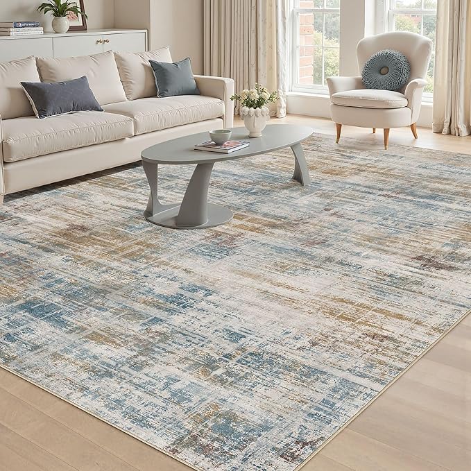 Area Rug for Living Room: 12x15 Washable Neutral Abstract Modern Soft Rugs Non Slip Indoor Floor Stain Resistant Large Carpet for Bedroom Dining Room Office Nursery - Blue Brown