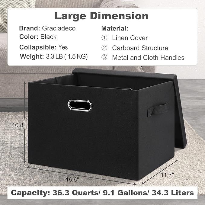 Large 17" 36 Quart Collapsible Stackable Storage Bins with Lids, 5 Packs Black Linen Fabric Closet Boxes with Lids, Storage Cube Baskets Container Organizers for Bedroom Office(17 x12 x11)