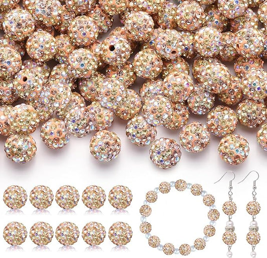 105pcs 10mm Rhinestone Beads for Jewelry Making, Light Peach AB Shiny Round Disco Beads Bulk, Sparkle Crystal Clay Christmas for Bracelet Baseball Necklace Earring Crafting and DIY
