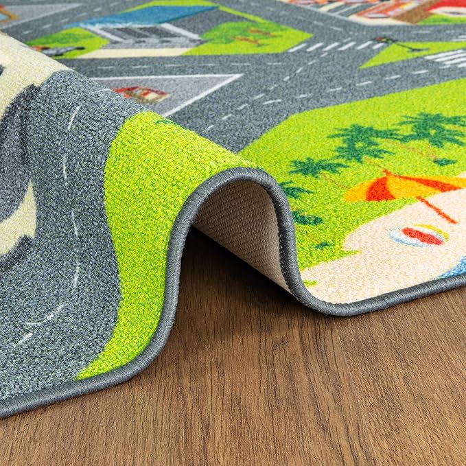 KC Cubs 5x7 City Streets Car Road Rug – Educational Non-Slip Play Mat for Kids, Toddlers, Nursery, Classroom, Playroom, Baby Daycare, Boy Girl Carpet