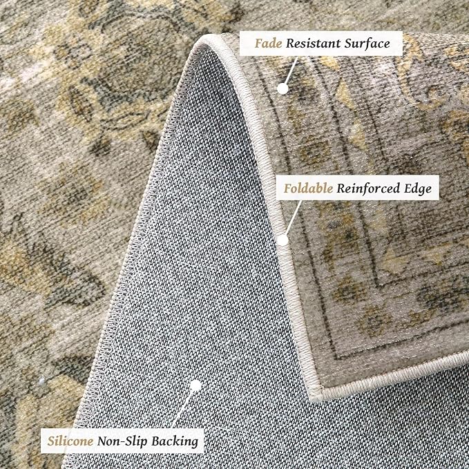 Washable 6x9 Area Rugs for Living Room, BoHo Non-slip Silicone Backing Large Rug for Bedroom Dining Room Nursery Office, 0.3" Neutral Oriental Throw Carpet with 0.16" Cushioning Pad, Light Brown/Multi
