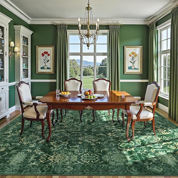 Deerly Dark Green Area Rugs 10x12 for Living Room Soft Non-Slip, Large Bedroom Rug Vintage Dining Room Rug Tribal Farmhouse Carpet for Dining Room Office Green