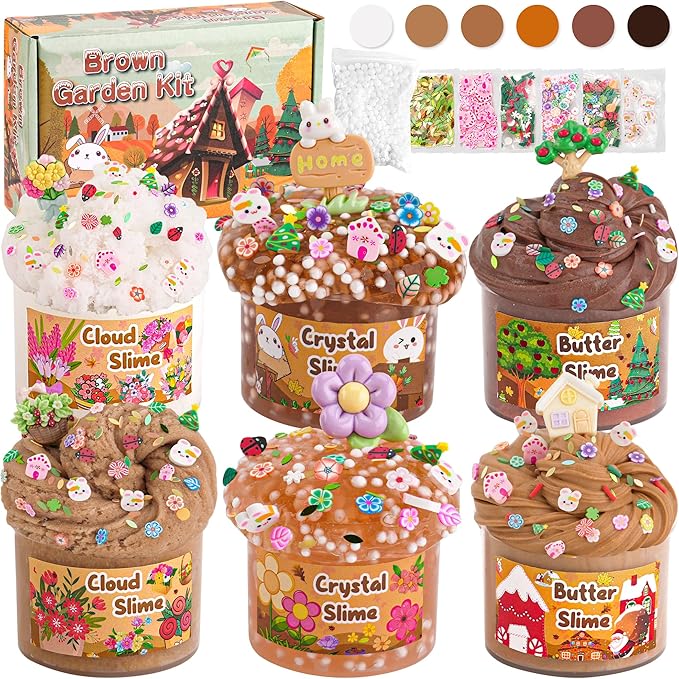 LAWOHO 6 Packs Brown Slime Kit - Cloud, Butter & Clear Slimes with Garden Add-ins, Crunchy Slime for Kids Party Favors for Girls and Boys, 360ml Slime Kits Birthday Halloween Christmas Easter Gifts