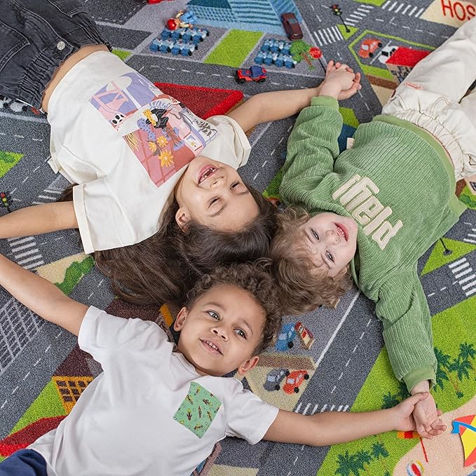 KC Cubs 5x7 City Streets Car Road Rug – Educational Non-Slip Play Mat for Kids, Toddlers, Nursery, Classroom, Playroom, Baby Daycare, Boy Girl Carpet