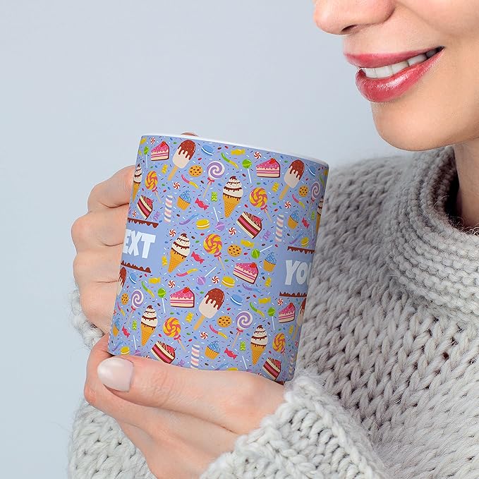 Personalized Mug for Kids - Sweets - Custom Name/Text, Ceramic Hot Chocolate/Cocoa/Coffee Cup for Boys/Girls, Birthday/Christmas/Holiday Gift - 11 oz, Navy Blue Handle