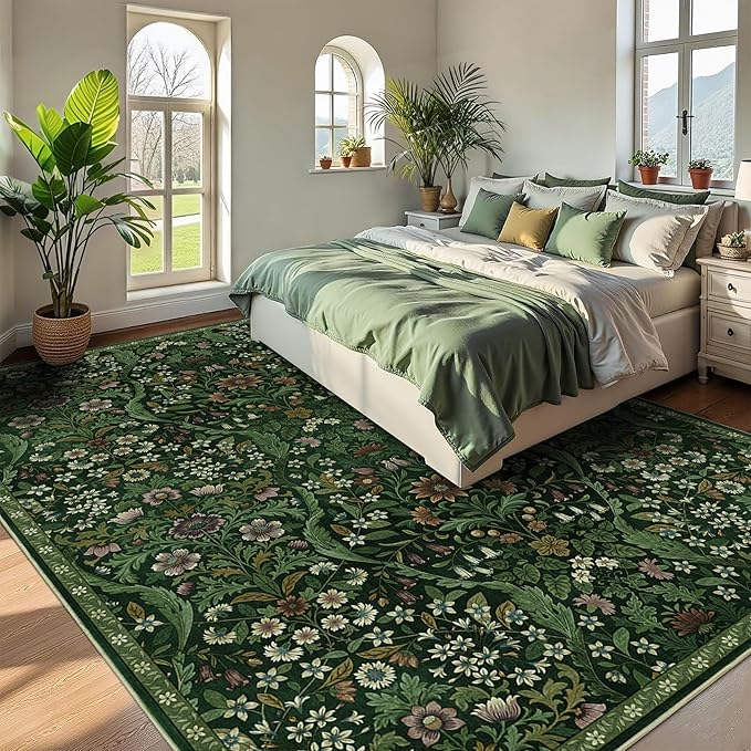 8x10 Washable Area Rug for Living Room, Large Vintage Dark Green Floral Rugs, Soft Non-Slip Stain Resistant Boho Lightweight Carpet for Bedroom Dining Room Nursery Home Office