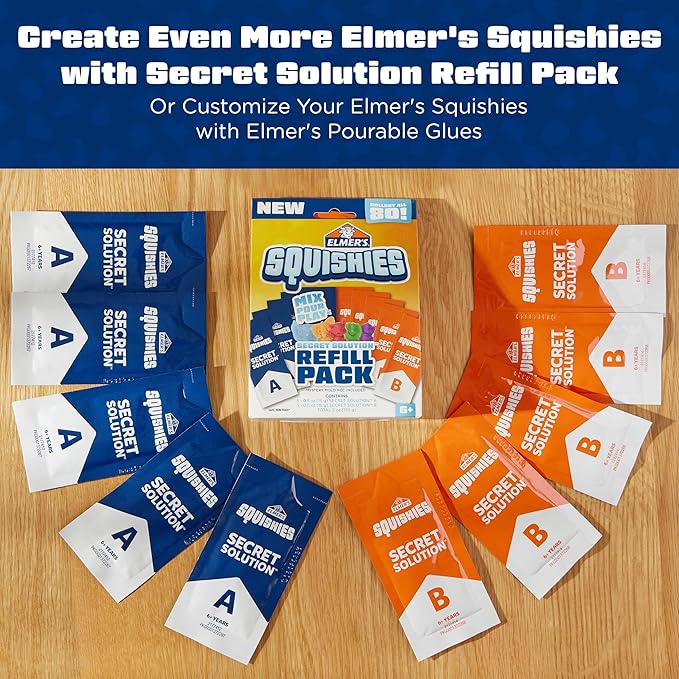 Elmer's Squishies Kids’ DIY Activity Kit, Glow in the Dark Toy Kit, Creates 2 Mystery Characters, 13-Piece Set, Ages 6+