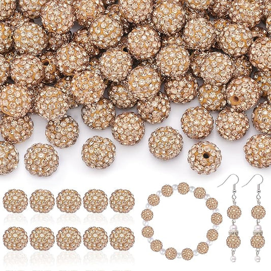 160pcs 10mm Rhinestone Beads for Jewelry Making, Light Brown Shiny Round Disco Ball Beads Bulk, Sparkle Crystal Clay Christmas for Bracelet Baseball Necklace Earring Crafting and DIY