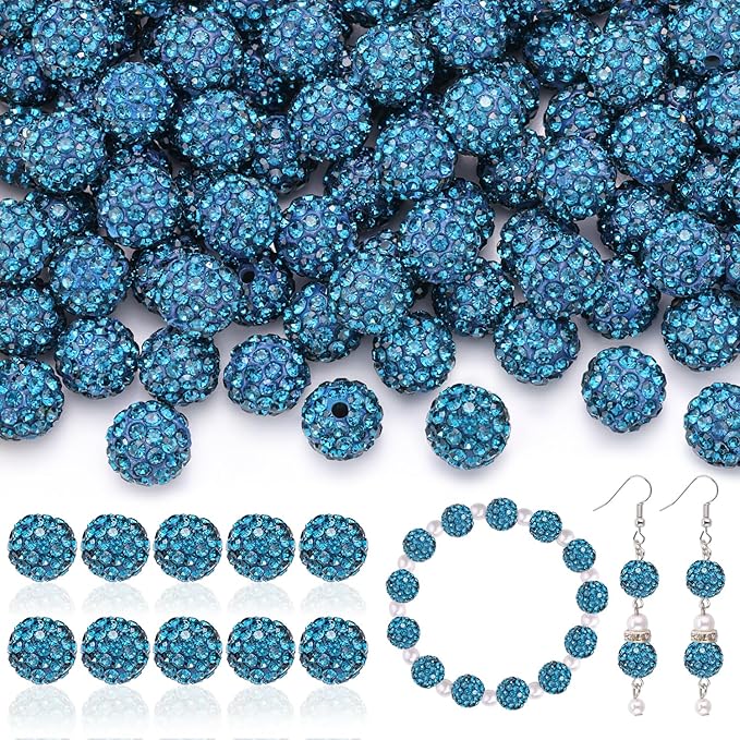 105pcs 10mm Rhinestone Beads for Jewelry Making, Blue Zircon Shiny Round Disco Ball Beads Bulk, Sparkle Crystal Clay Christmas for Bracelet Baseball Necklace Earring Crafting and DIY