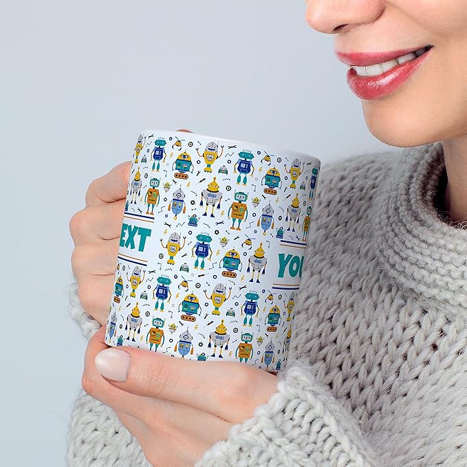 Personalized Mug for Kids - Robots - Custom Name/Text, Ceramic Hot Chocolate/Cocoa/Coffee Cup for Boys, Birthday/Christmas/Holiday Gift - 15 oz, Light Blue Handle