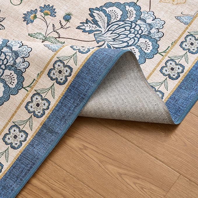 jinchan Floral Corner Rug for Kitchen Washable Nursery Rug Vintage Romance Design Non Slip Quarter Circle Lightweight Low-Pile Throw Carpet for Playroom Reading Nook Office, 5ft Radius, Blue/Beige